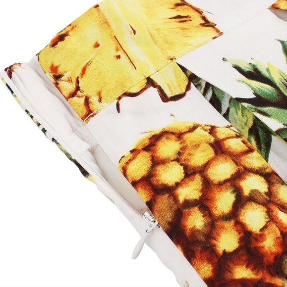 Vintage A-line Printed Pineapple Pleated Flared Midi Skirts - Picture 3 of 4